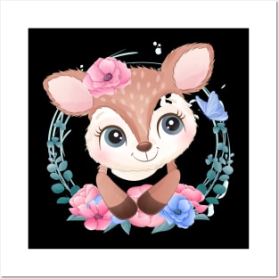 Cute little deer portrait with floral Posters and Art